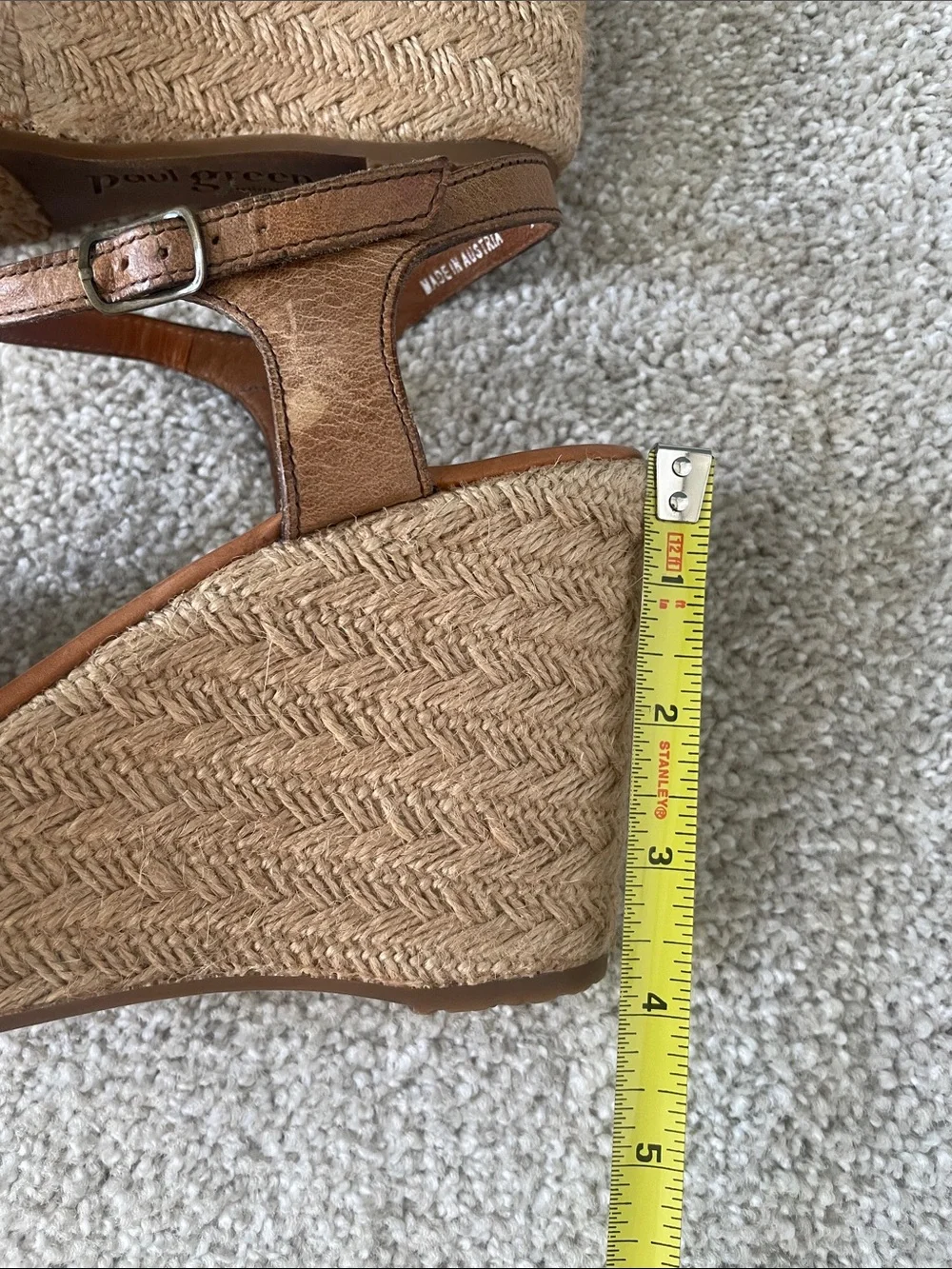 Paul Green Tan Leather Braided T-Strap Wedge Espadrilles.